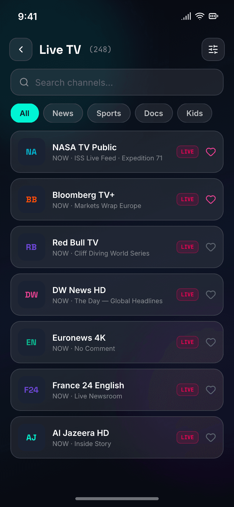 Sedna Live TV screen