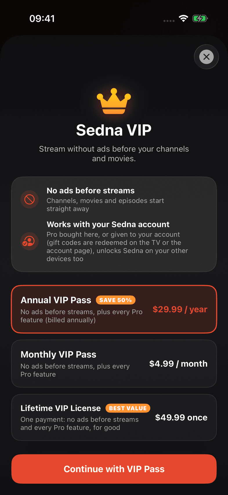 Sedna VIP lifetime paywall