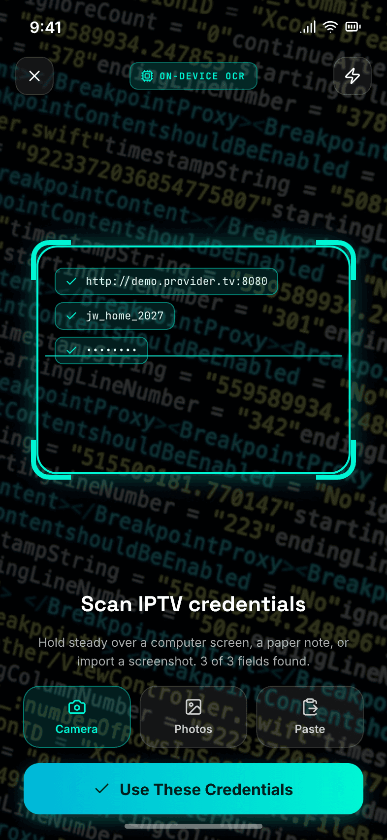 Sedna camera OCR scanning IPTV credentials